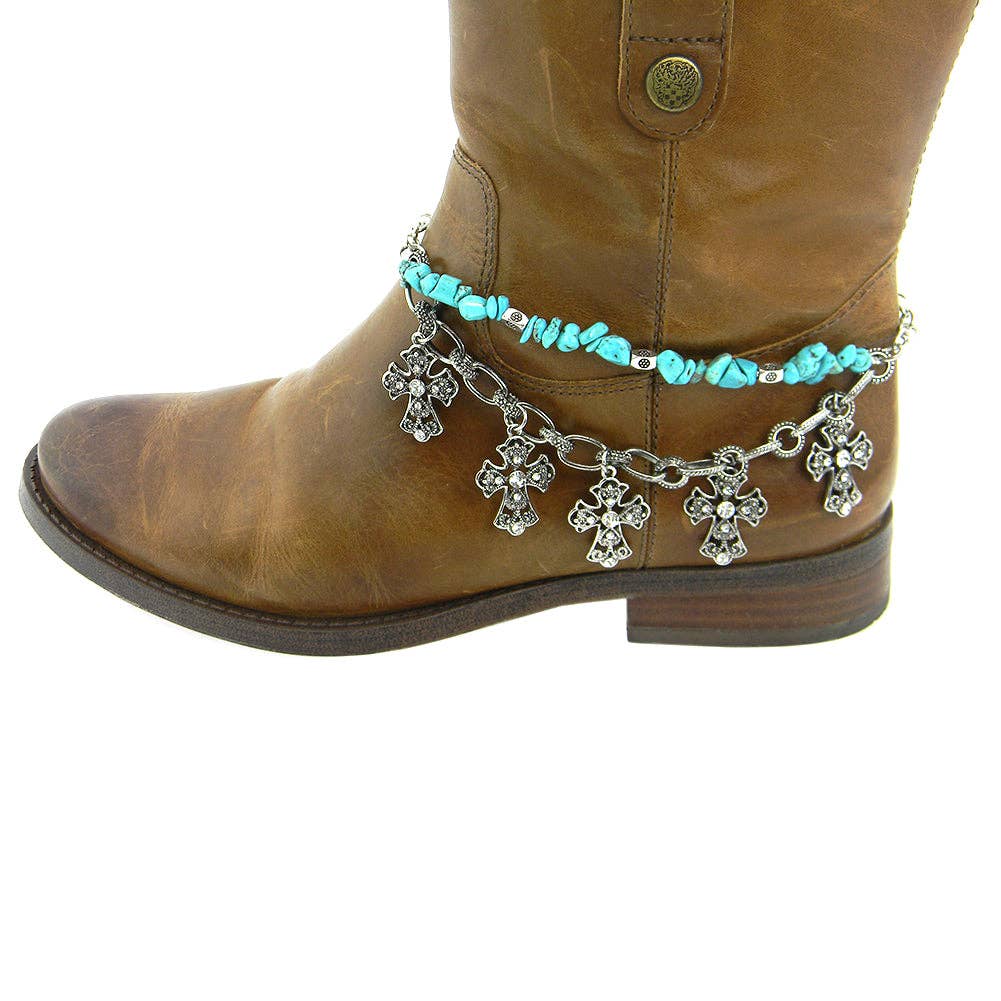 BOT130101-66 TQ CHIPS STRING W/RHINESTONE 5-CROSS CHARM BOOT CHAIN