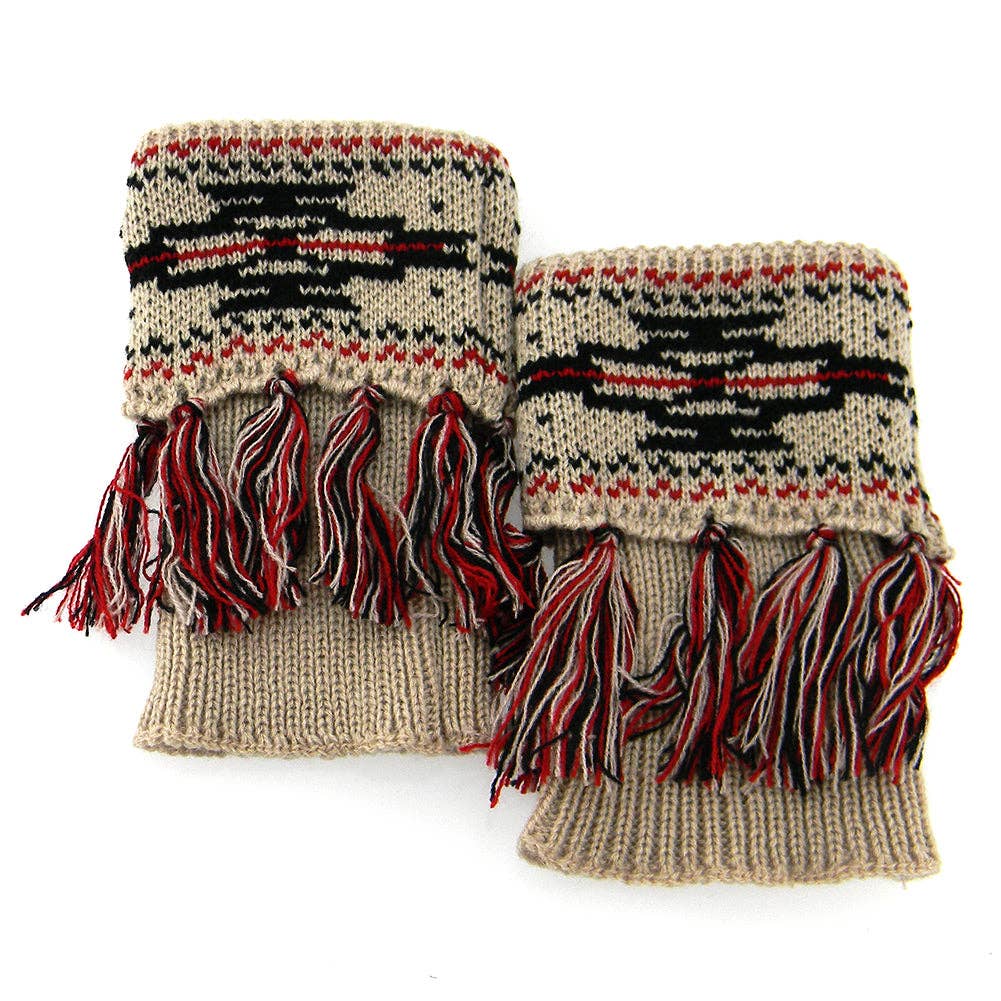 BOOTCUFF002   WESTERN PRINT W/TASSEL BOOT CUFF/ BEIGE