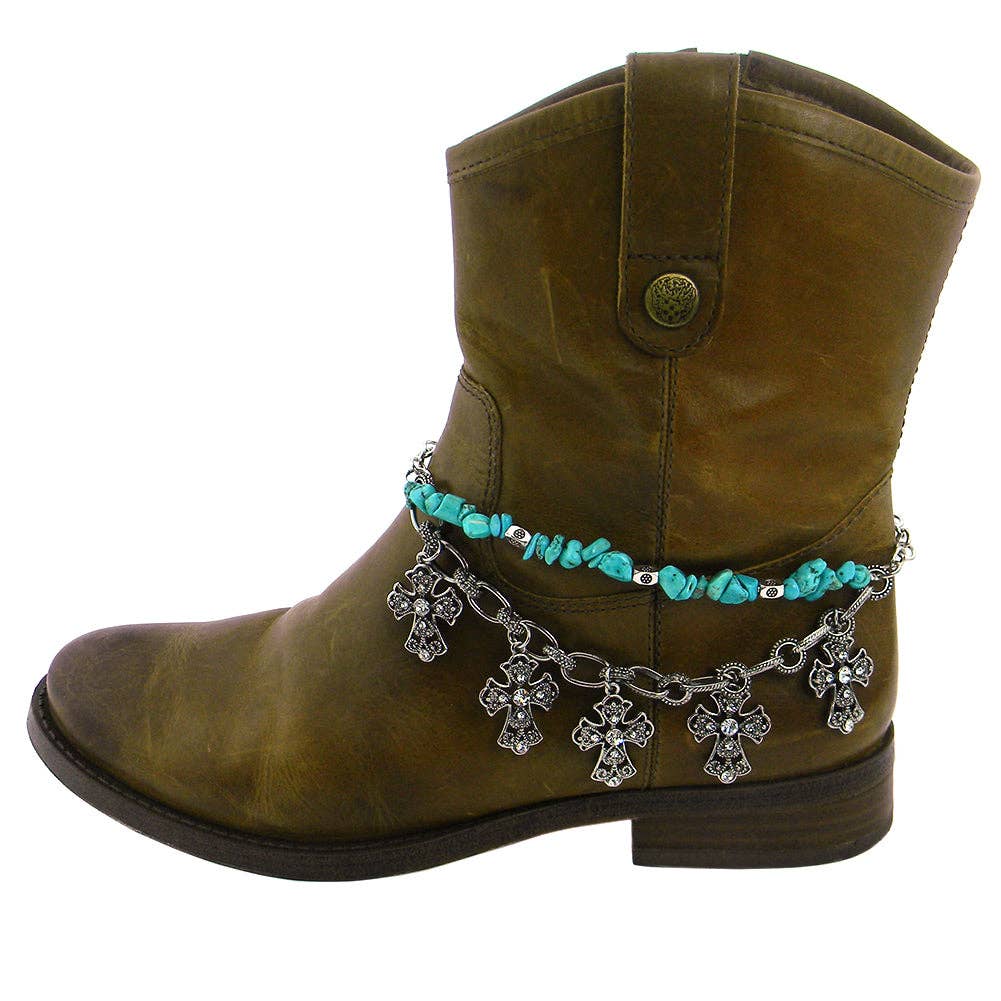 BOT130101-66 TQ CHIPS STRING W/RHINESTONE 5-CROSS CHARM BOOT CHAIN