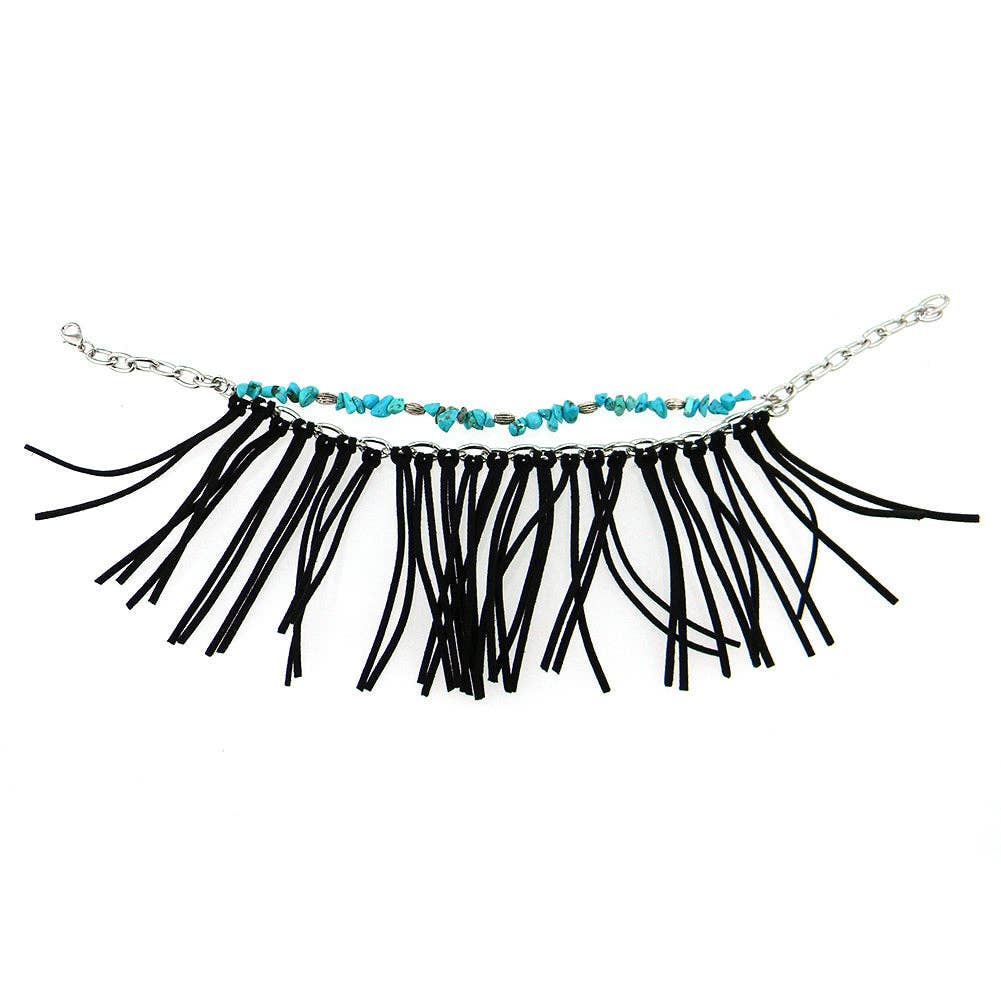 BOT001 BLK TQ CHIPS CHAIN, SUEDE TASSEL BOOT CHARM