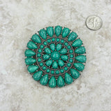 BCH220630-01-GREEN    Large silver with GREEN turquoise stone flower concho Brooch