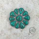 BCH220630-02-GREEN    "Large silver with green turquoise stone flower  concho Brooch"