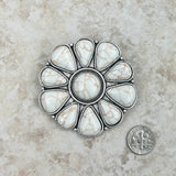 BCH220630-02-WHITE      Large silver with white stone flower concho Brooch