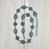 BLT14-BLUE                     Silver metal with blue turquoise stone chain belt