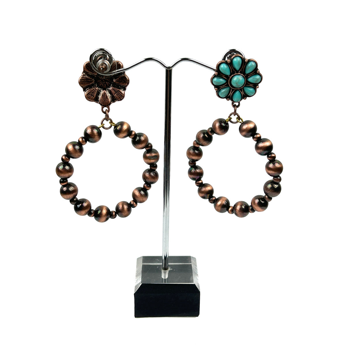 ER220630-01-BLUE-COPPER      "Copper blue turquoise stone flower concho  and Navajo pearl hoop Earring"
