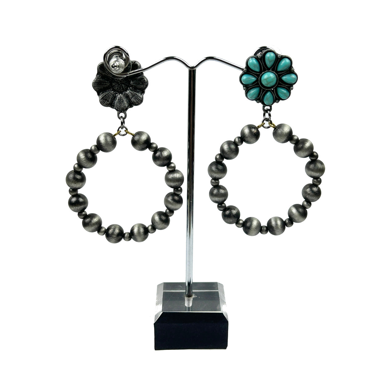 ER220630-01-BLUE-SILVER     "Silver blue turquoise stone flower concho  and Navajo pearl hoop Earring"