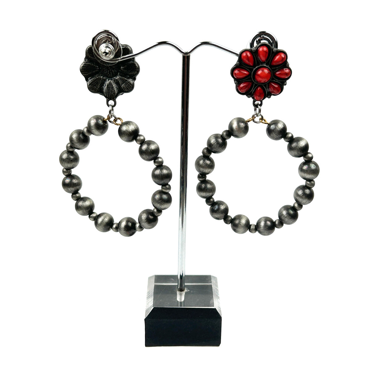 ER220630-01-RED-SILVER     "Silver red stone flower concho  and Navajo pearl hoop Earring"