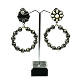 ER220630-01-WHITE-SILVER     Silver white stone flower concho  and Navajo pearl hoop Earrings