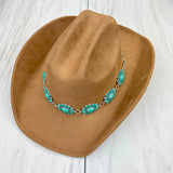 HATC030224-06                 silver oval metal with green turquoise  stone hat decor chain.