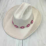 HATC030224-07                 silver oval metal with light pink stone hat decor chain.