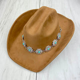 HATC030224-10                 silver metal cross with blue turquoise stone hat decor chain.