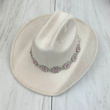 HATC030224-11                 silver metal cross with light pink stone hat decor chain.