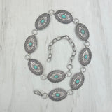 HATC030224-03                  silver oval metal with blue turquoise stone hat decor chain.