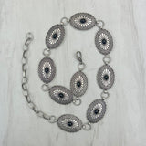 HATC030224-01                   silver oval metal with black stone hat decor chain.