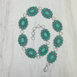 HATC030224-06                 silver oval metal with green turquoise  stone hat decor chain.