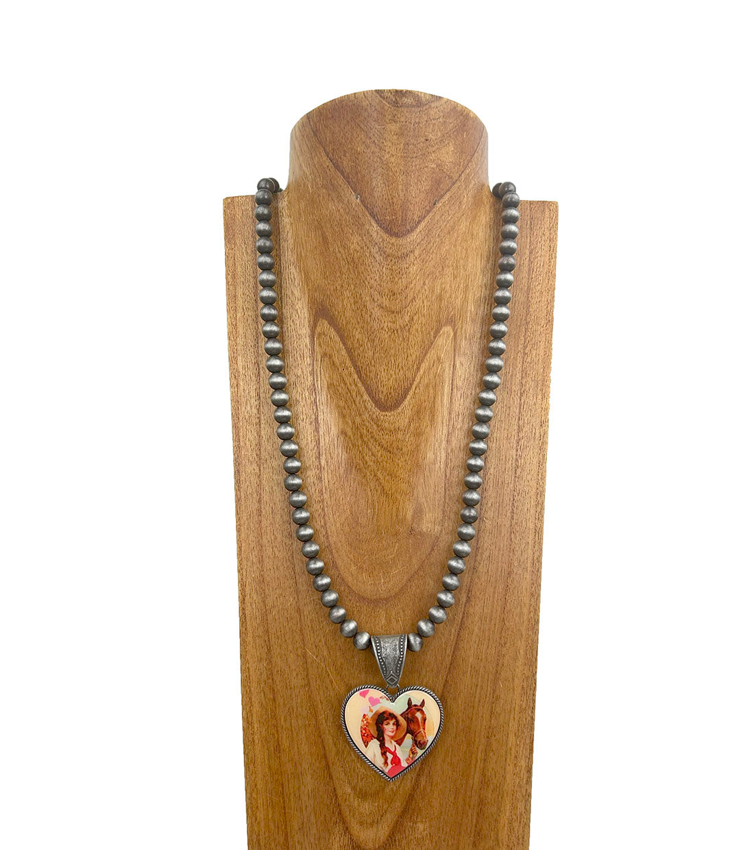 NKY250112-02                 33 inches silver Navajo pearl beads with western heart pendent Necklace