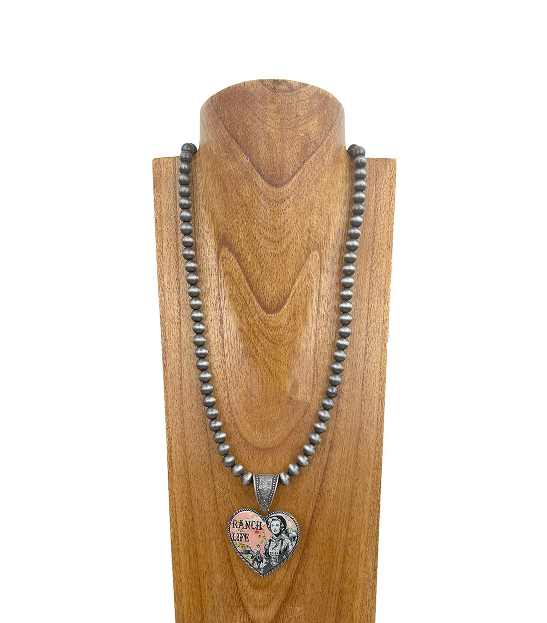NKY250112-02                 33 inches silver Navajo pearl beads with western heart pendent Necklace