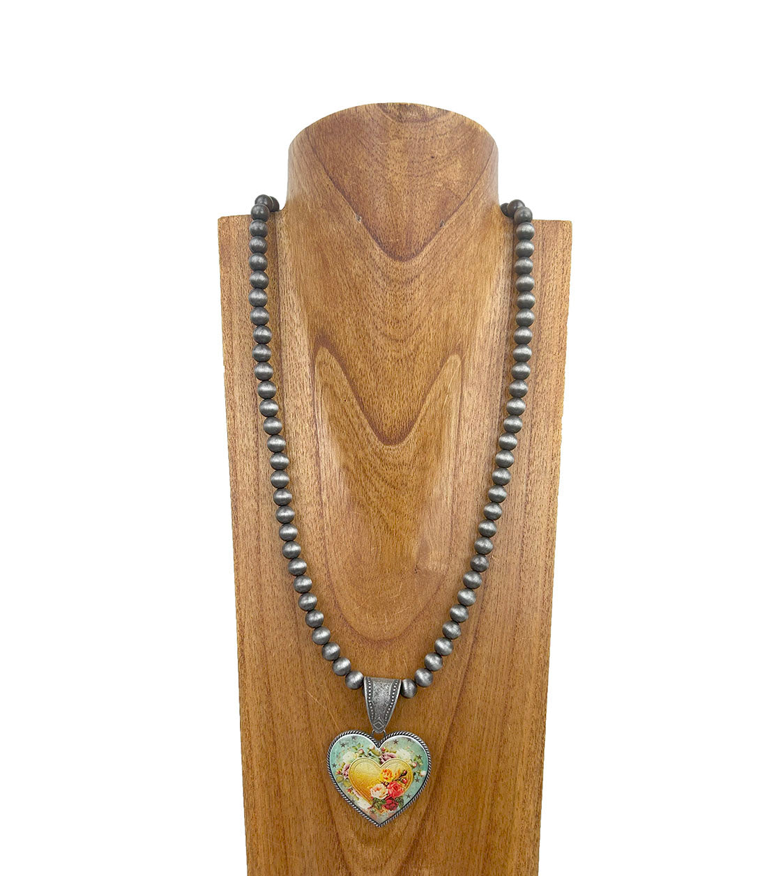 NKY250112-02                 33 inches silver Navajo pearl beads with western heart pendent Necklace