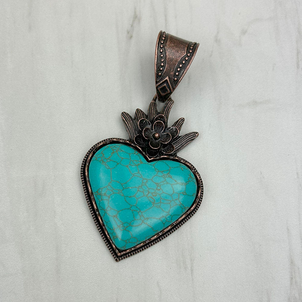 PD250110-05            Copper metal with blue turquoise stone heart Pendent