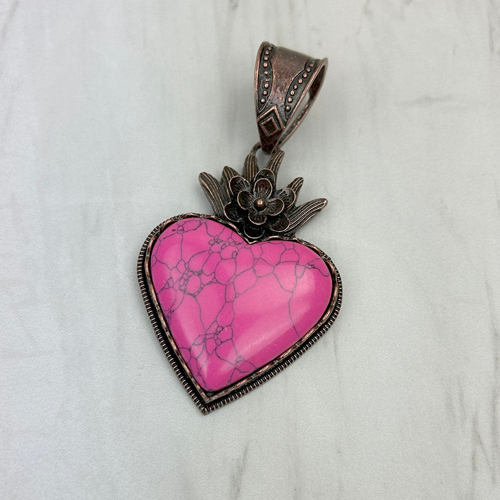 PD250110-05            Copper metal with blue turquoise stone heart Pendent