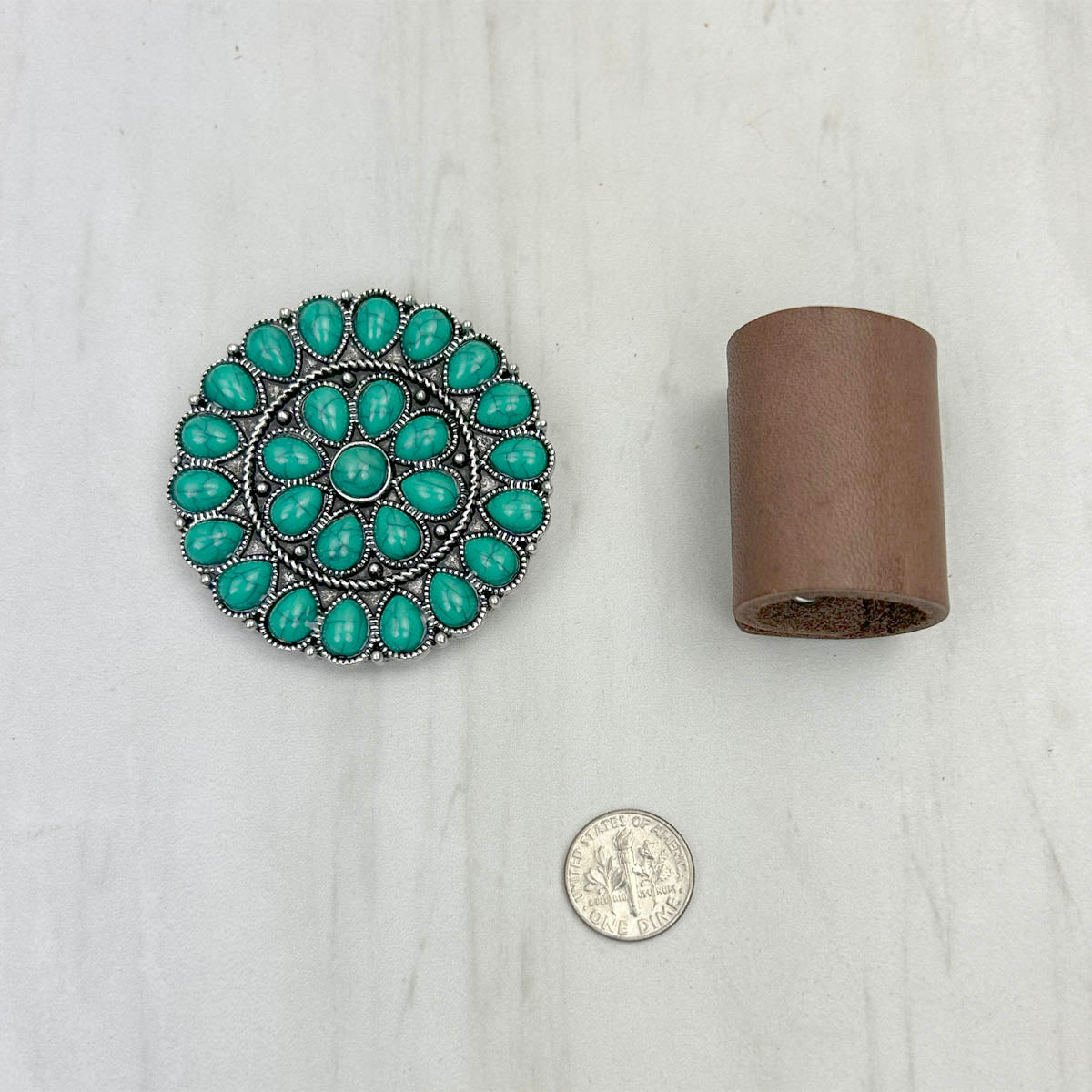 WRS240615-22              Silver metal with green turquoise stone wild rag slide