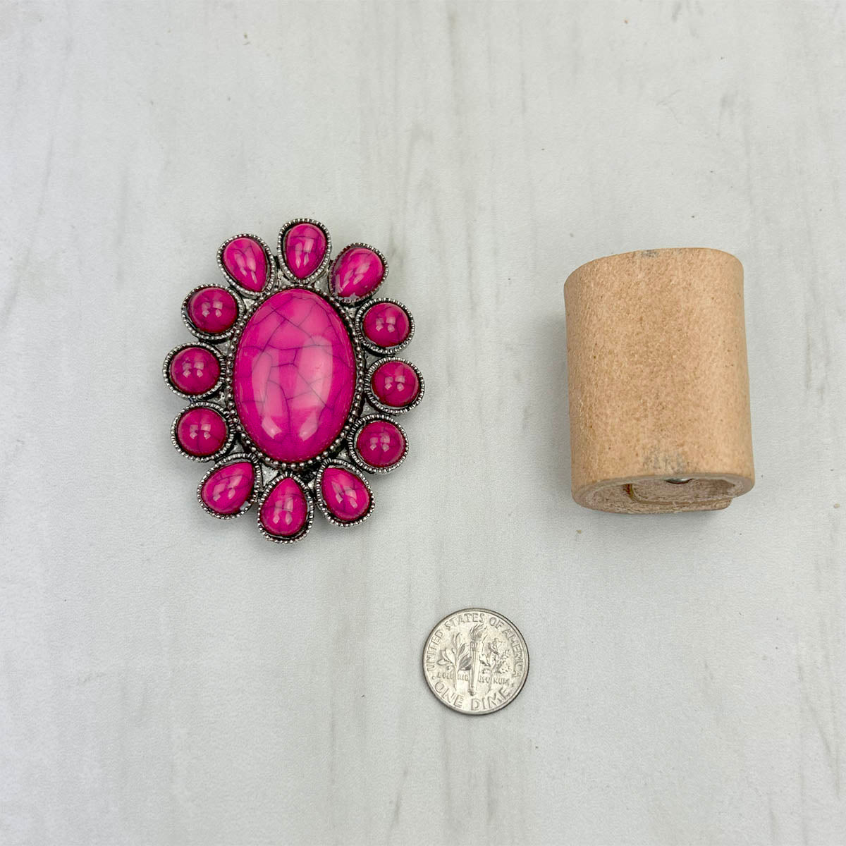 WRS240615-27                Silver oval metal with hot pink turquoise stone wild rag slide