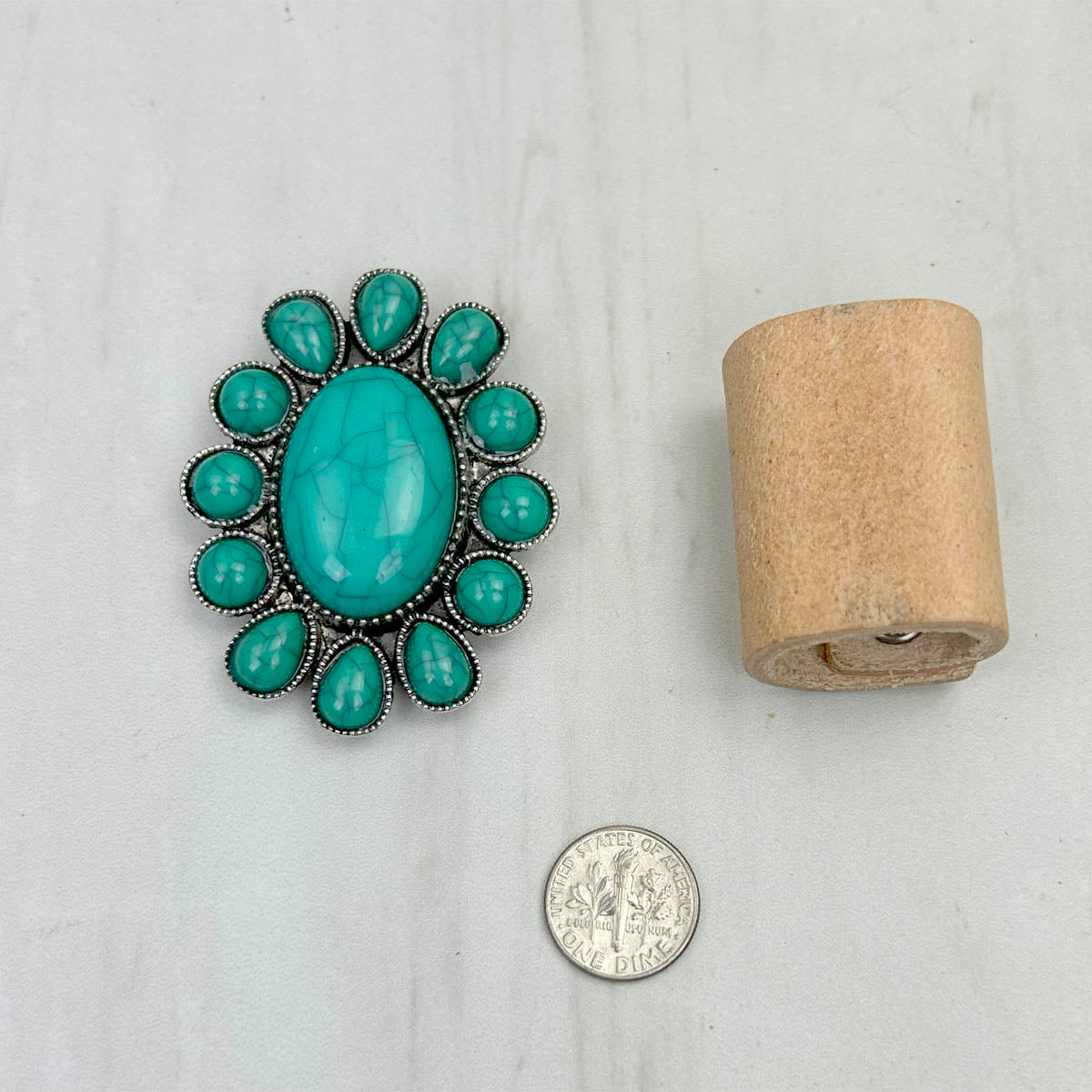 WRS240615-28                    Silver oval metal with green turquoise stone wild rag slide