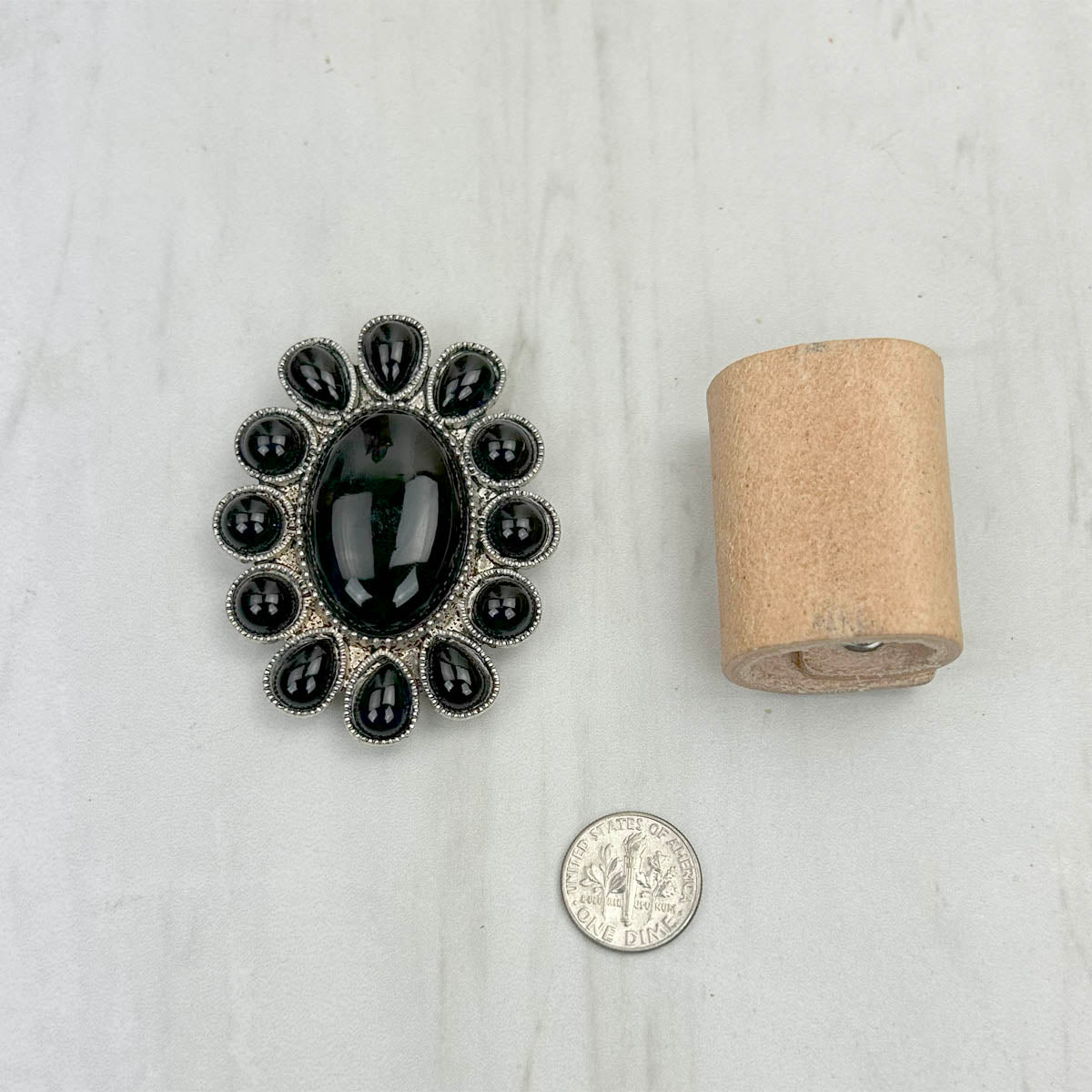 WRS240615-29                 Silver oval metal with black turquoise stone wild rag slide