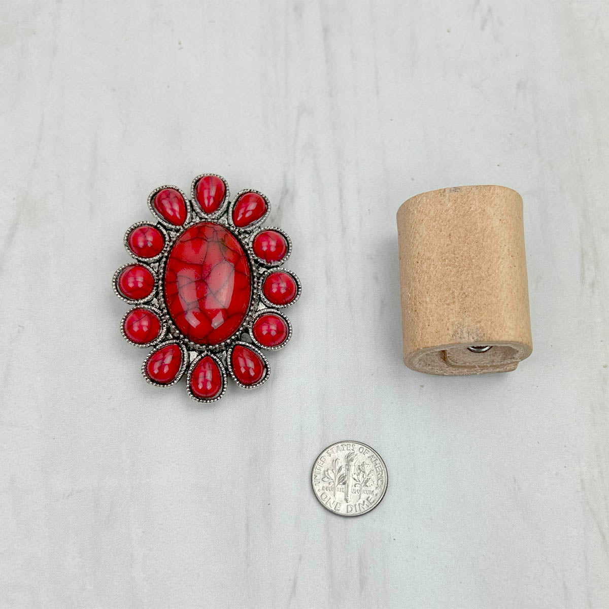 WRS240615-30               Silver oval metal with red turquoise stone wild rag slide