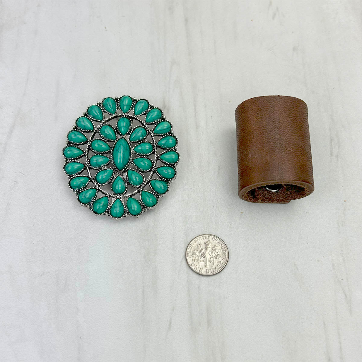 WRS240615-34                  Silver metal with green turquoise stone wild rag slide
