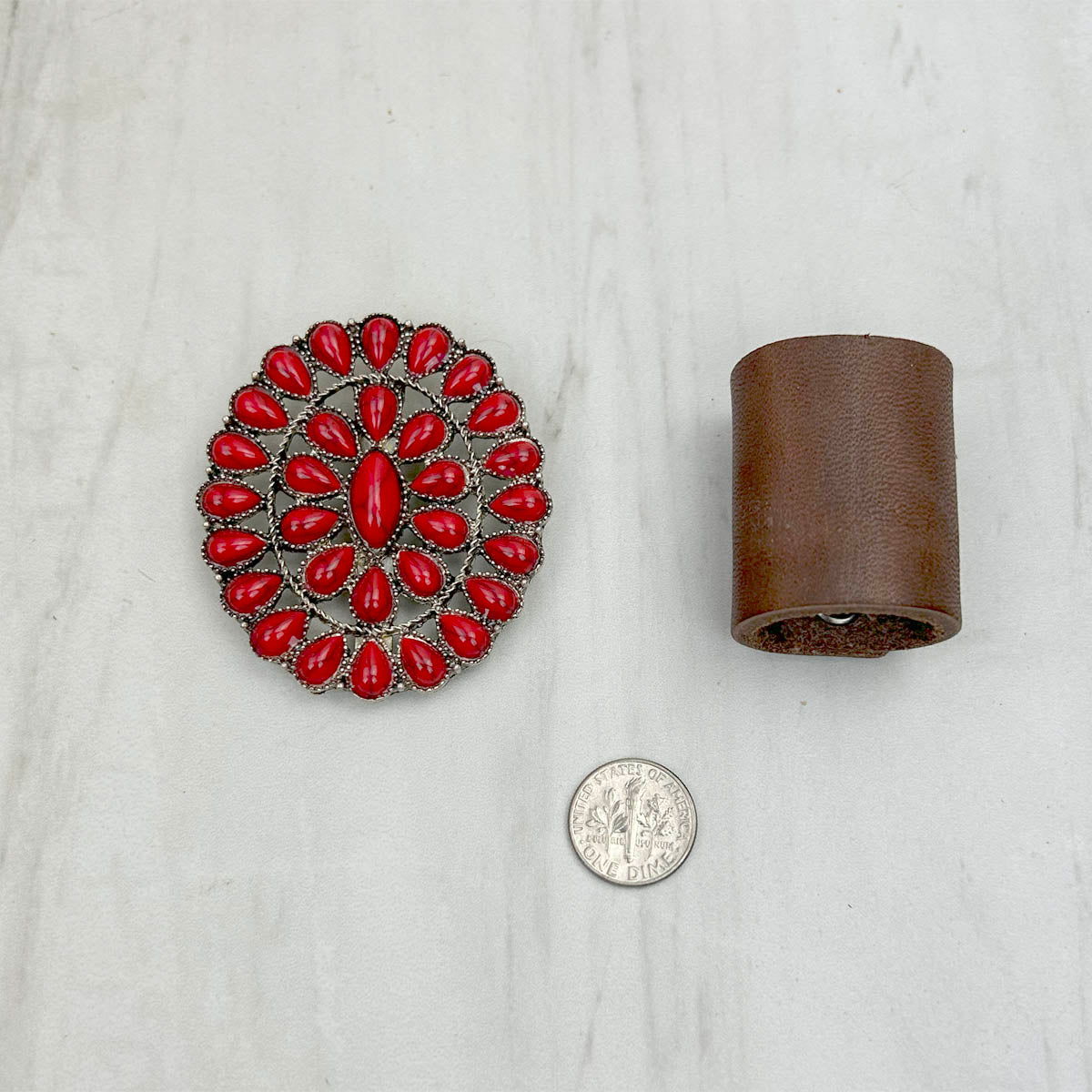 WRS240615-36              Silver metal with red turquoise stone wild rag slide