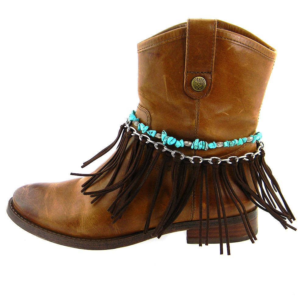 BOT003 DBRN   TQ CHIPS CHAIN, SUEDE TASSEL BOOT CHARM
