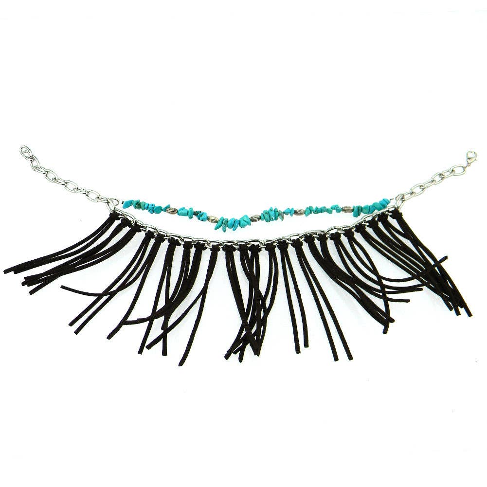 BOT003 DBRN   TQ CHIPS CHAIN, SUEDE TASSEL BOOT CHARM