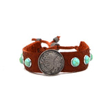 BR190325-09     Adjustable light brown leather cord bracelet with 1 in. silver round indian head in between blue-turquoise round beads