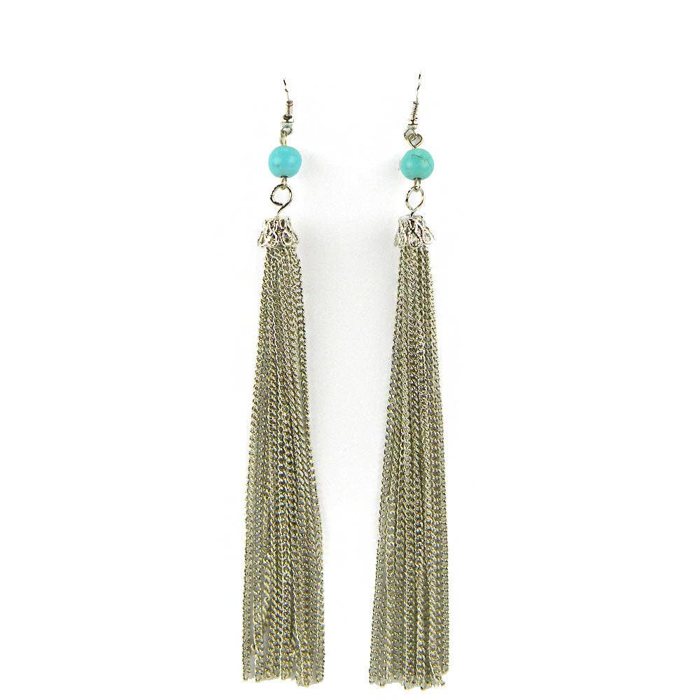 ERY150602-01SLV Metal Tassel Earring With 4mm TQ Beads on Top