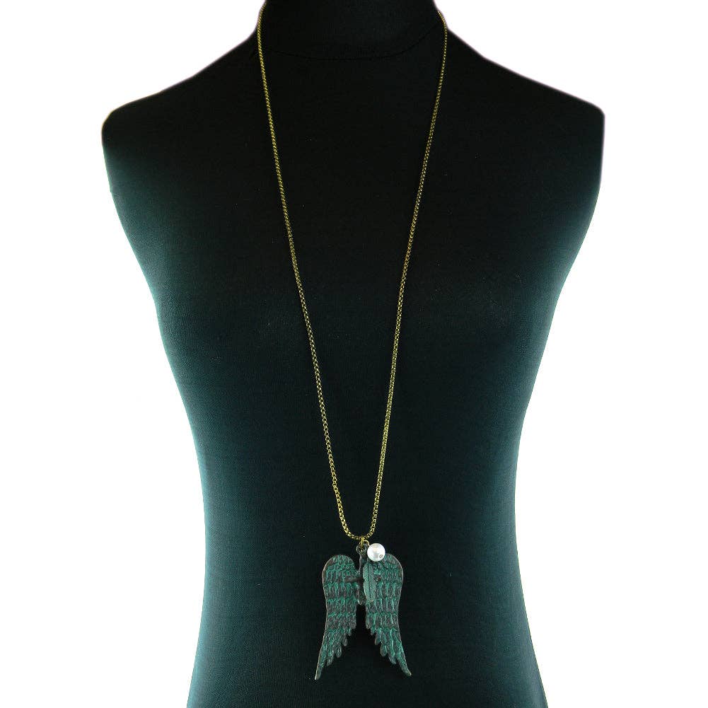 NK160101-19 PTN   Long Chain Necklace with Wing, Feather Pendant