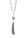 NKS160909-02 8MM AMAZONITE BEADS LINKED, HALF CHAIN, W/JASPER BEADS&TASSEL