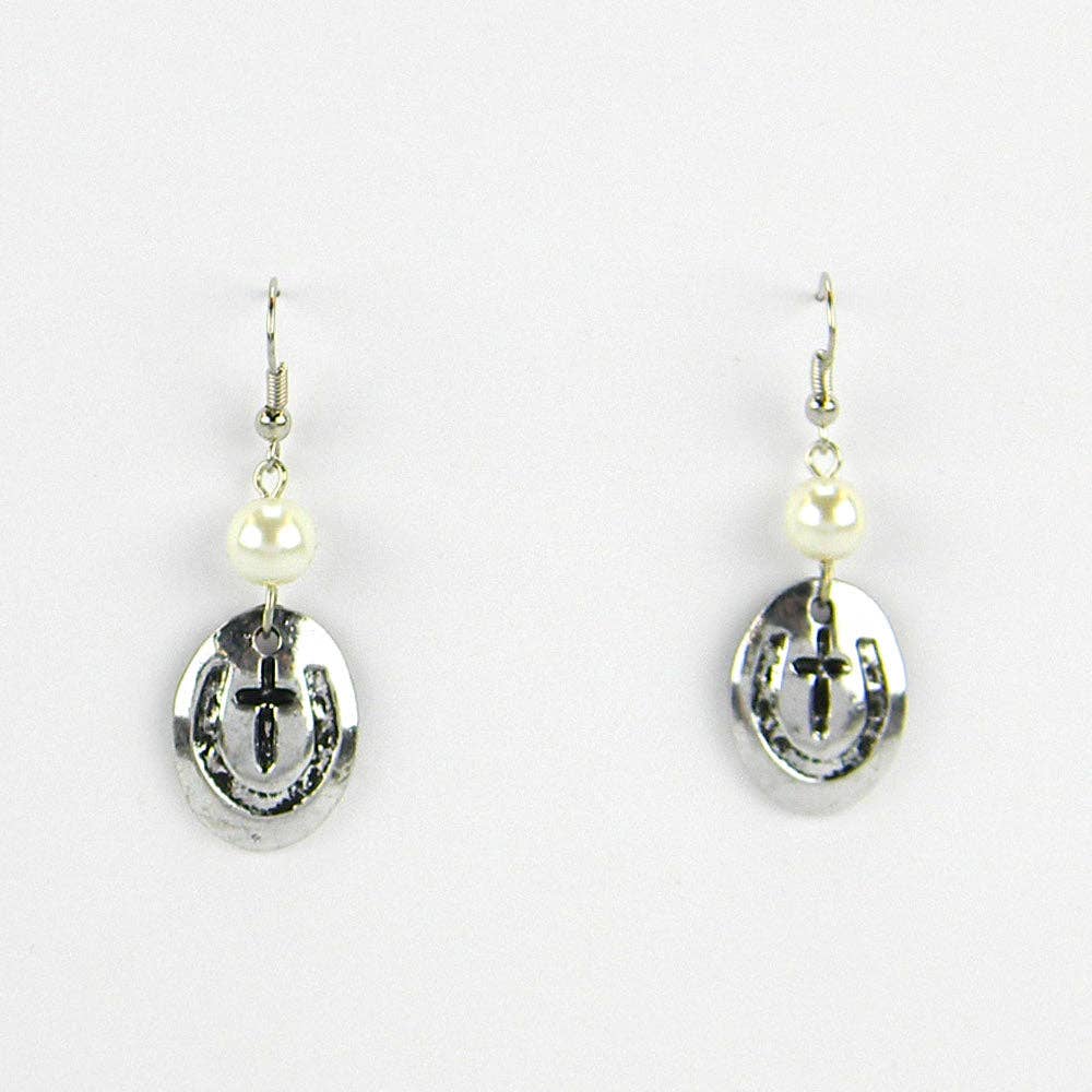 ERS150216-15SLV Horseshoe Shape With Cross on Face, Beads on Top Earring