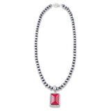 NK070112-06 Silver Beads With Red Rhinestone Rectangle Shape Pendant Necklace