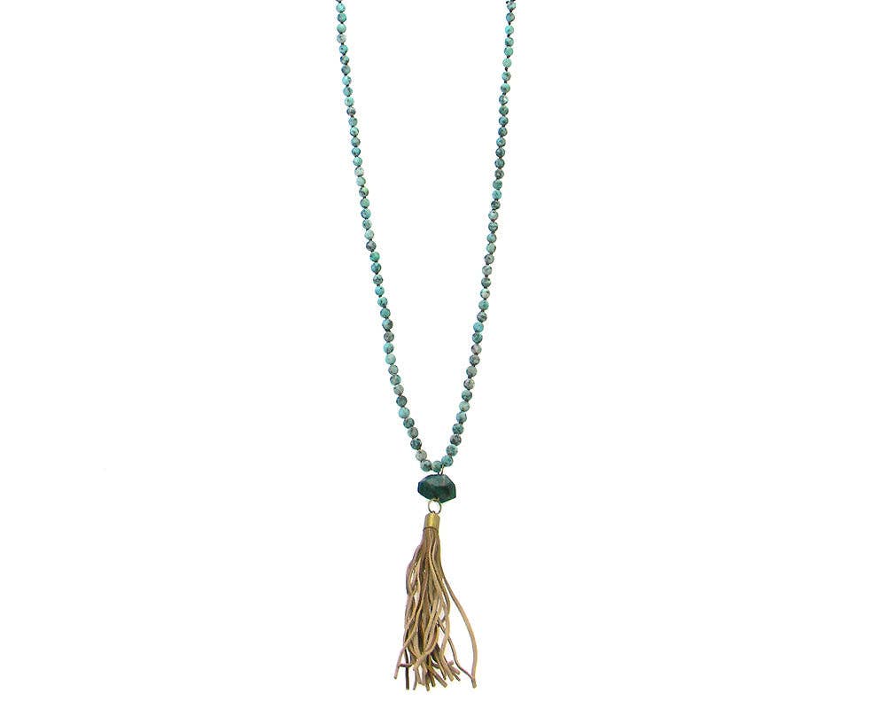NKS170714-01   6mm 36"L Real Stone Hand-knotted Necklace w/ Stone Pendent & 4" Real Leather Tassel