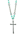 NKS160917-03  TQ BEADS, CHAIN, SUEDE CORD W/UNEVEN STYLE CROSS(SILVER)