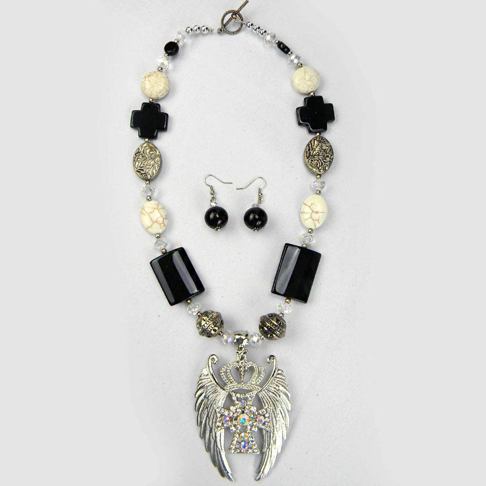 NKO-1020-09  Multi Beads String, W/Cross,Wing Pendant, Necklace & Earring Set