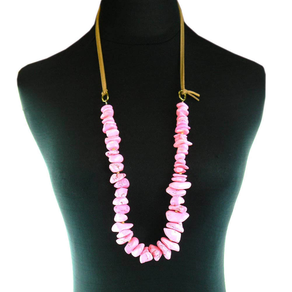 NKS170412-10    DRYED PINK TQ CHIPS, BEADS IN B/W, SUEDE CORD NECKLACE