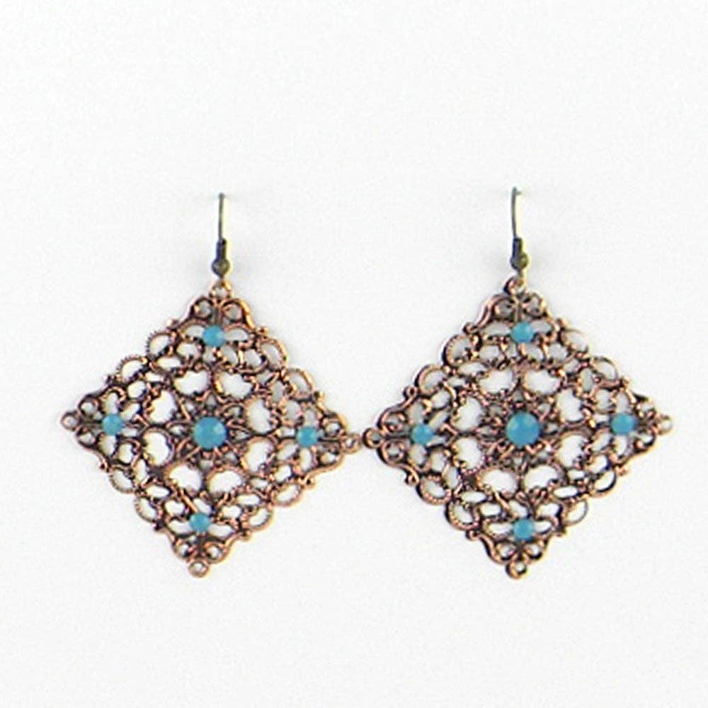 ER150101-03 COP   Vintage Diamond Shape, Light Way Plate Earring With TQ Color on Spot