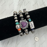 BB04154-SBMT          Triple Navajo pearl with muti color stone beads and heart charm Bracelet set