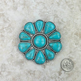 BCH220630-02-BLUE    "Large silver with blue turquoise stone flower  concho Brooch"