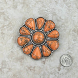 BCH220630-02-ORANGE    Large silver with orange stone flower concho Brooch
