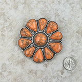 BCH220630-02-ORANGE    Large silver with orange stone flower concho Brooch