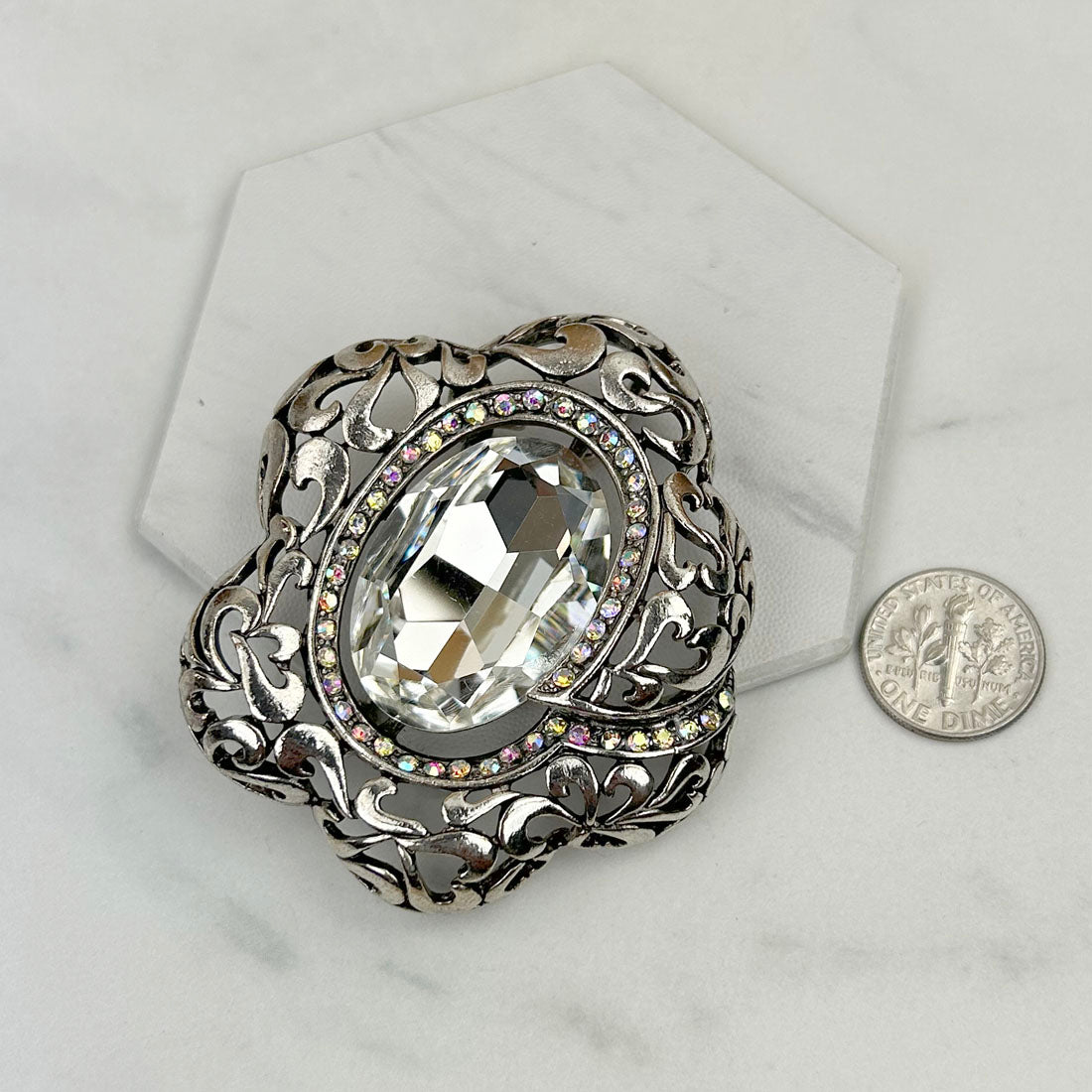 BCH230925-08     Silver with clear AB crystal brooch