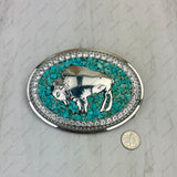 BKE-BUFFALO                Silver metal with blue turquoise stone chips Buffalo Belt buckle
